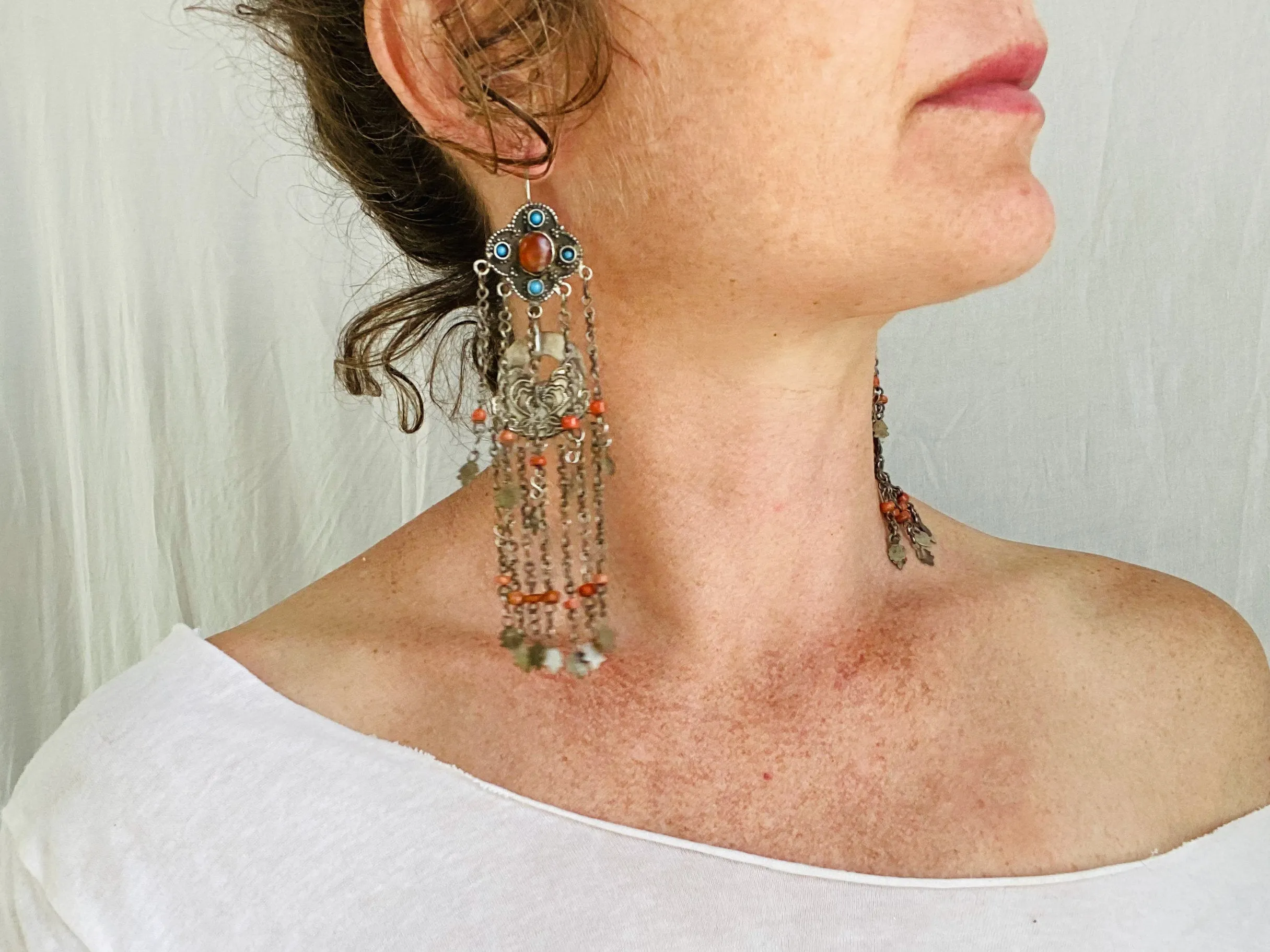 Antique Uzbek Earrings. Silver, Turquoise & Coral. Romantic Beauties