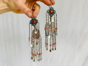Antique Uzbek Earrings. Silver, Turquoise & Coral. Romantic Beauties