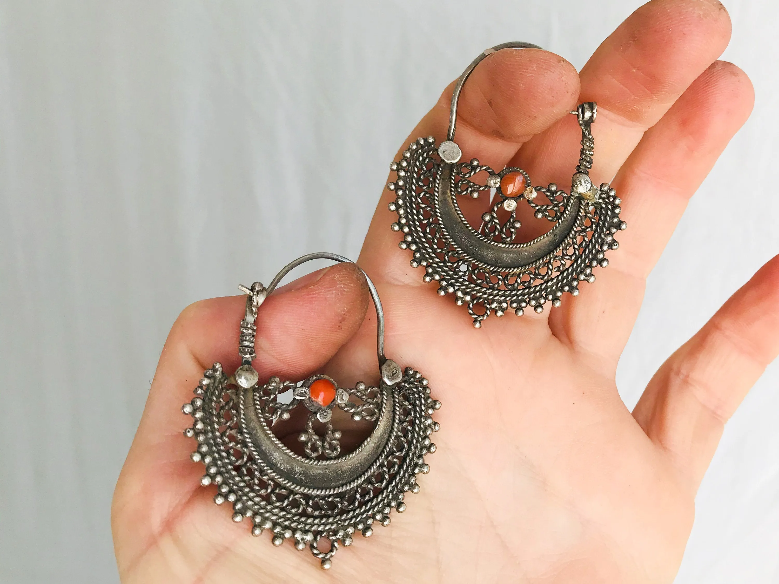 Antique Waziri Silver & Coral Earrings. Sterling Silver.