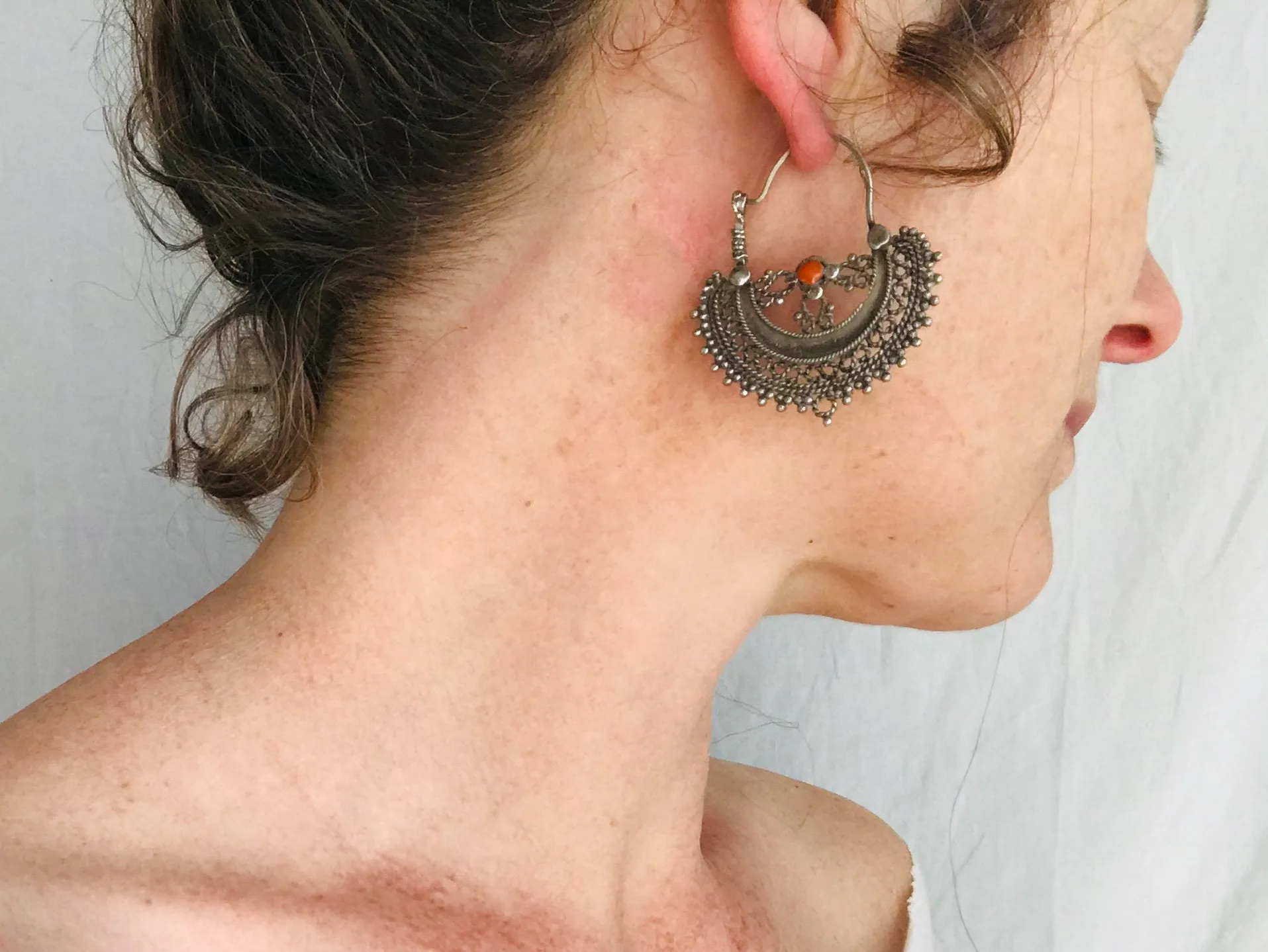 Antique Waziri Silver & Coral Earrings. Sterling Silver.