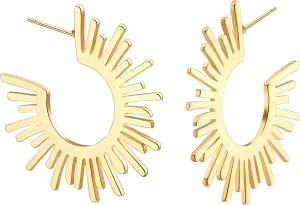 Aobei Pearl 18K Gold Big Hoop Earrings Delicate Screw Thread Spring Coil Square Huggie Earrings Sunburst Half Hoop Earrings Minimalist Ear Jewelry for Women
