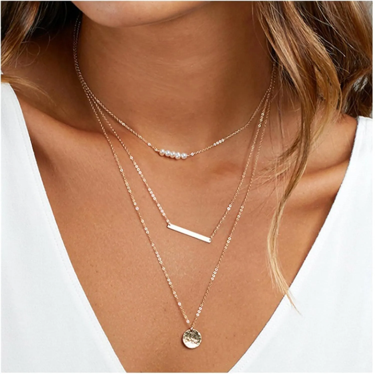 Aonklot Dainty Gold Layered Necklace Pearl Beaded Chock Necklace Silver Disc Pendant Necklace Statement Jewelry Gift