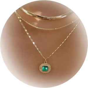 Aonklot Gold Layered Necklaces for Women Snake Chain Necklace Round Cut Layering Adjustable Chain Pendant Necklace for Women Jewelry