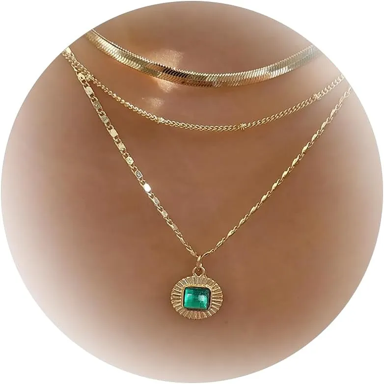 Aonklot Gold Layered Necklaces for Women Snake Chain Necklace Round Cut Layering Adjustable Chain Pendant Necklace for Women Jewelry