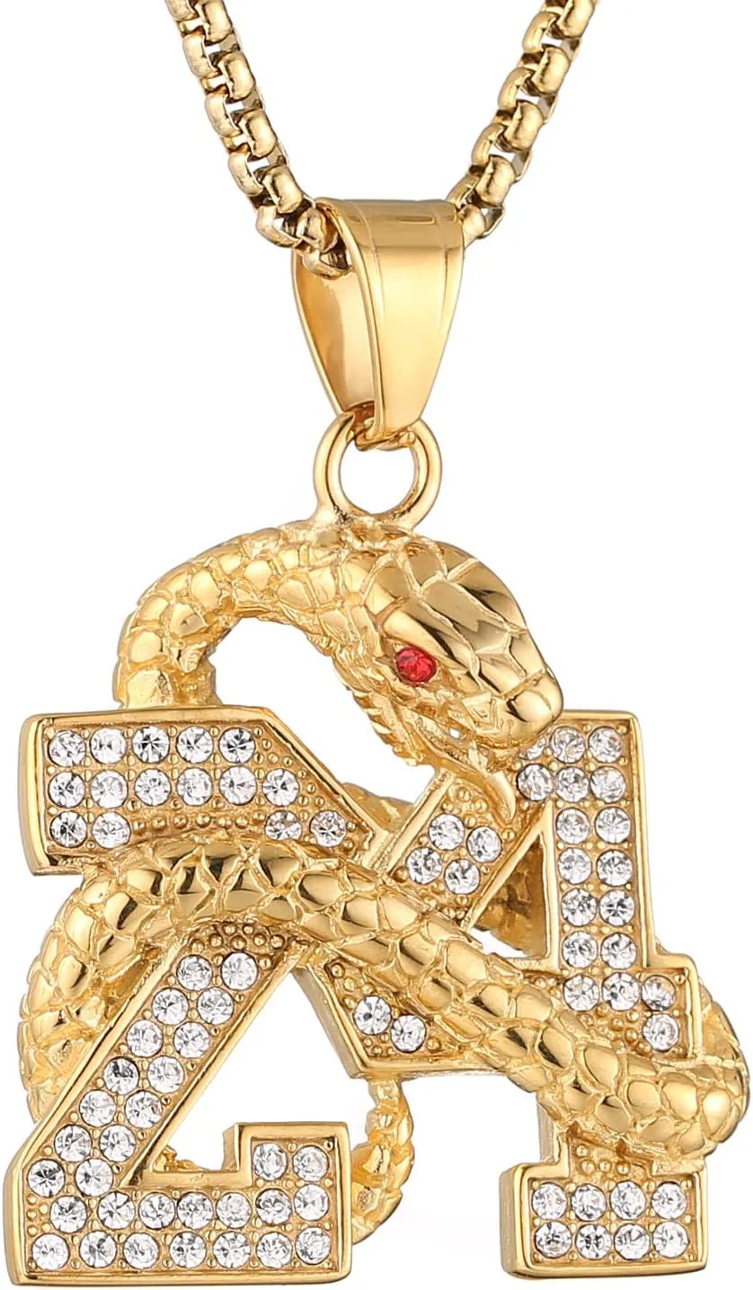 AsAlways 18K Gold Plated Memorial 24 Legend Basketball Pendant Inlay CZ Hip Hop Rock Punk Totem Amulet Charm Snake Necklace Gift Jewelry