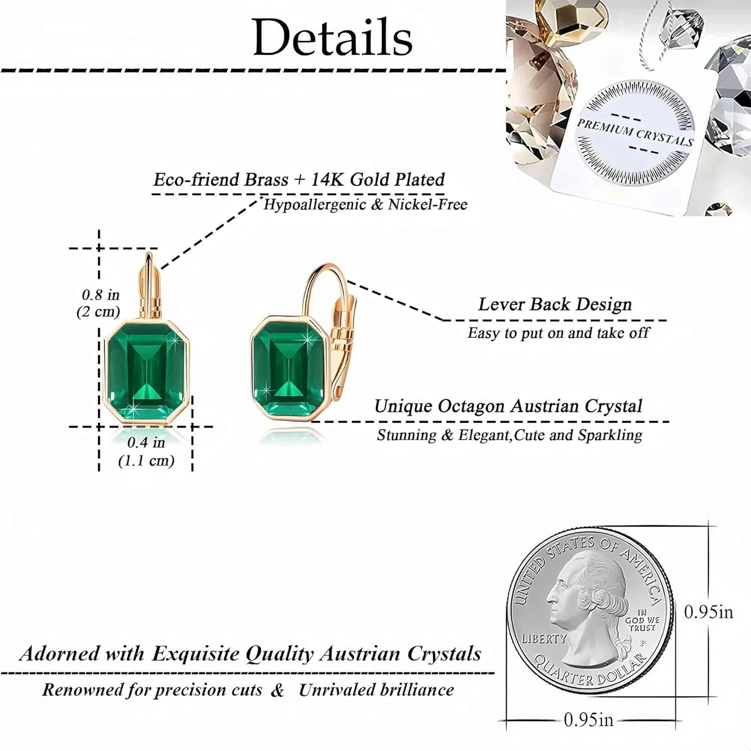 Austrian Crystal Octagon Leverback Drop Earrings for Women 14K Rose Gold Plated Hypoallergenic Jewelry