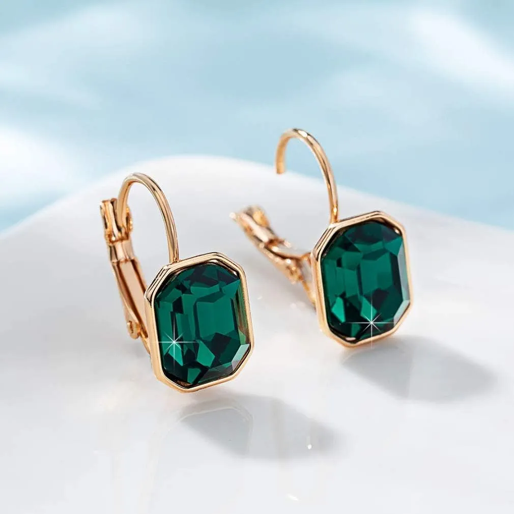 Austrian Crystal Octagon Leverback Drop Earrings for Women 14K Rose Gold Plated Hypoallergenic Jewelry