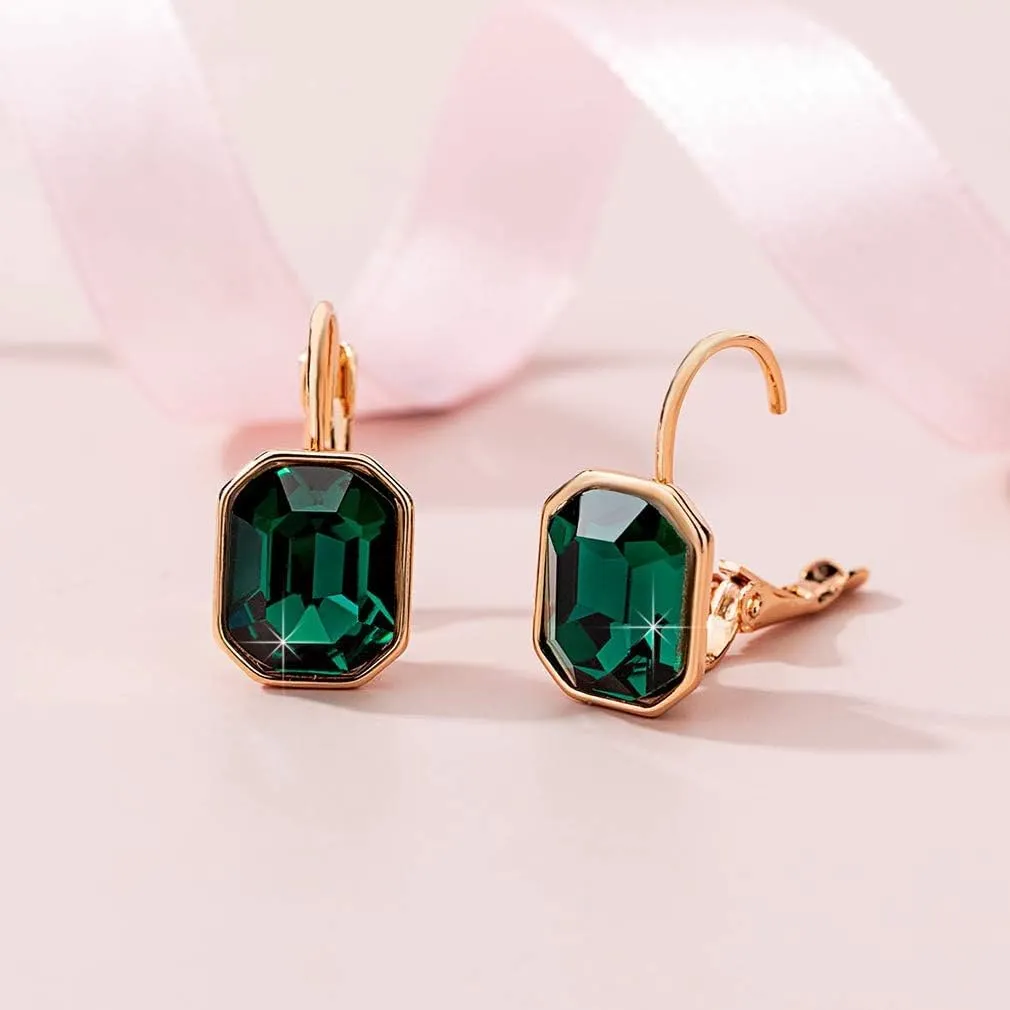 Austrian Crystal Octagon Leverback Drop Earrings for Women 14K Rose Gold Plated Hypoallergenic Jewelry