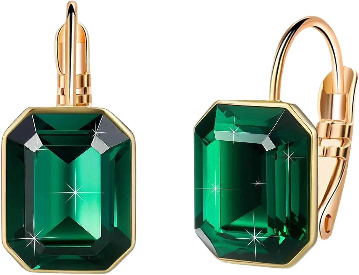 Austrian Crystal Octagon Leverback Drop Earrings for Women 14K Rose Gold Plated Hypoallergenic Jewelry