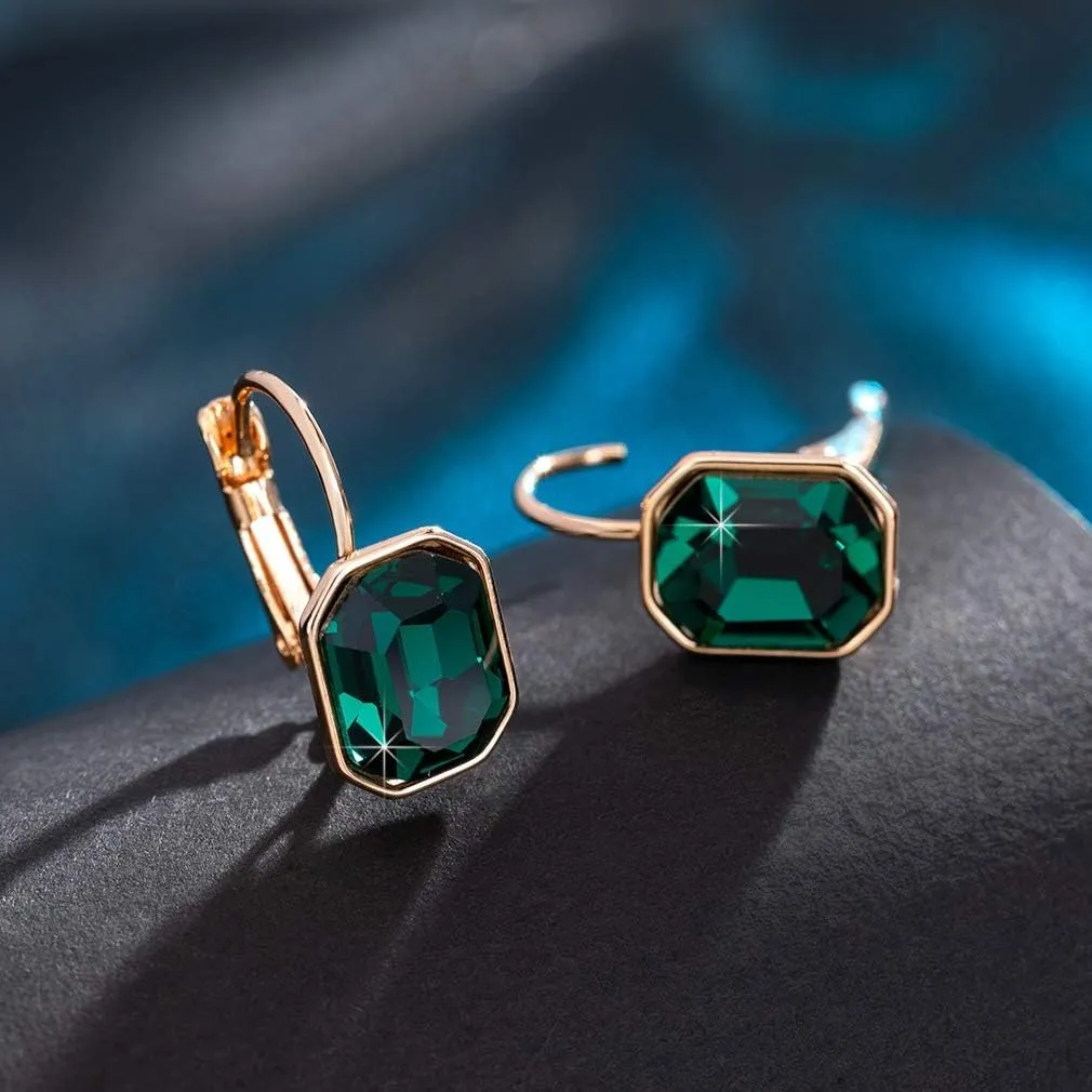 Austrian Crystal Octagon Leverback Drop Earrings for Women 14K Rose Gold Plated Hypoallergenic Jewelry