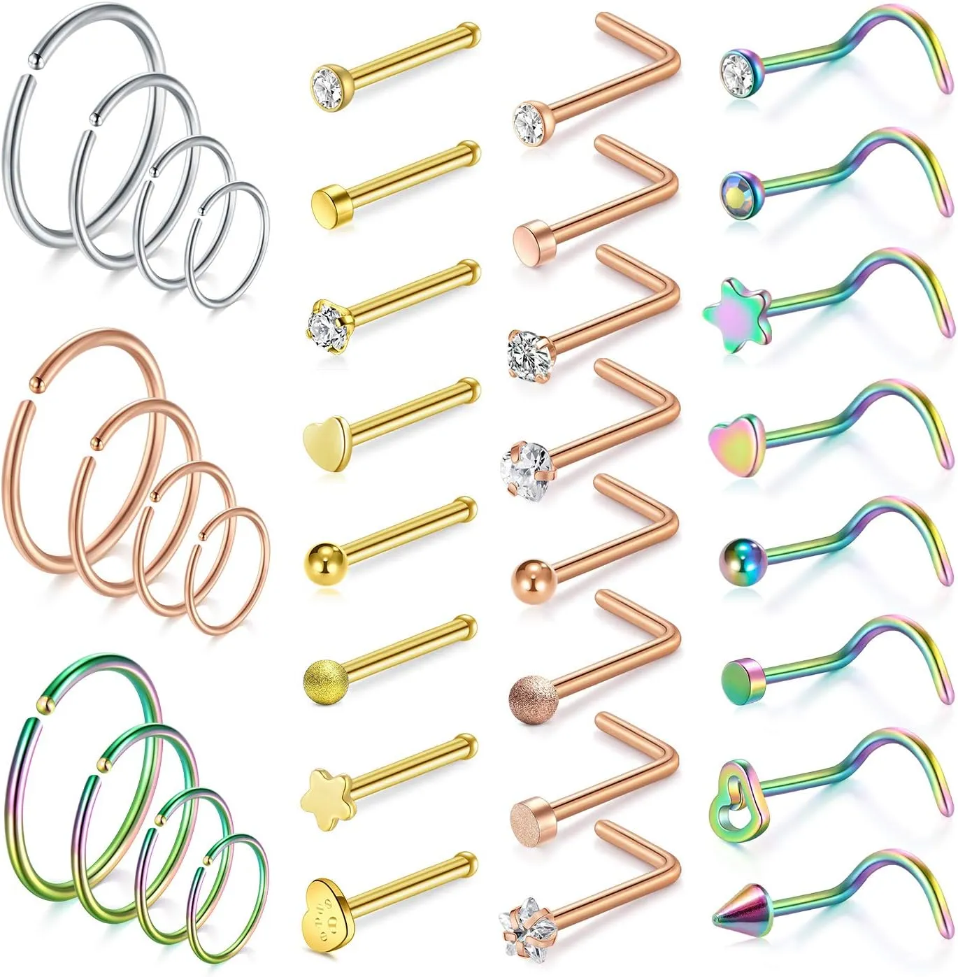 AVYRING 20G Nose Ring Hoop Surgical Steel Nose Studs Screw L-Shaped Nostril Hoops Piercing Jewelry Set for Women Men Nose Rings