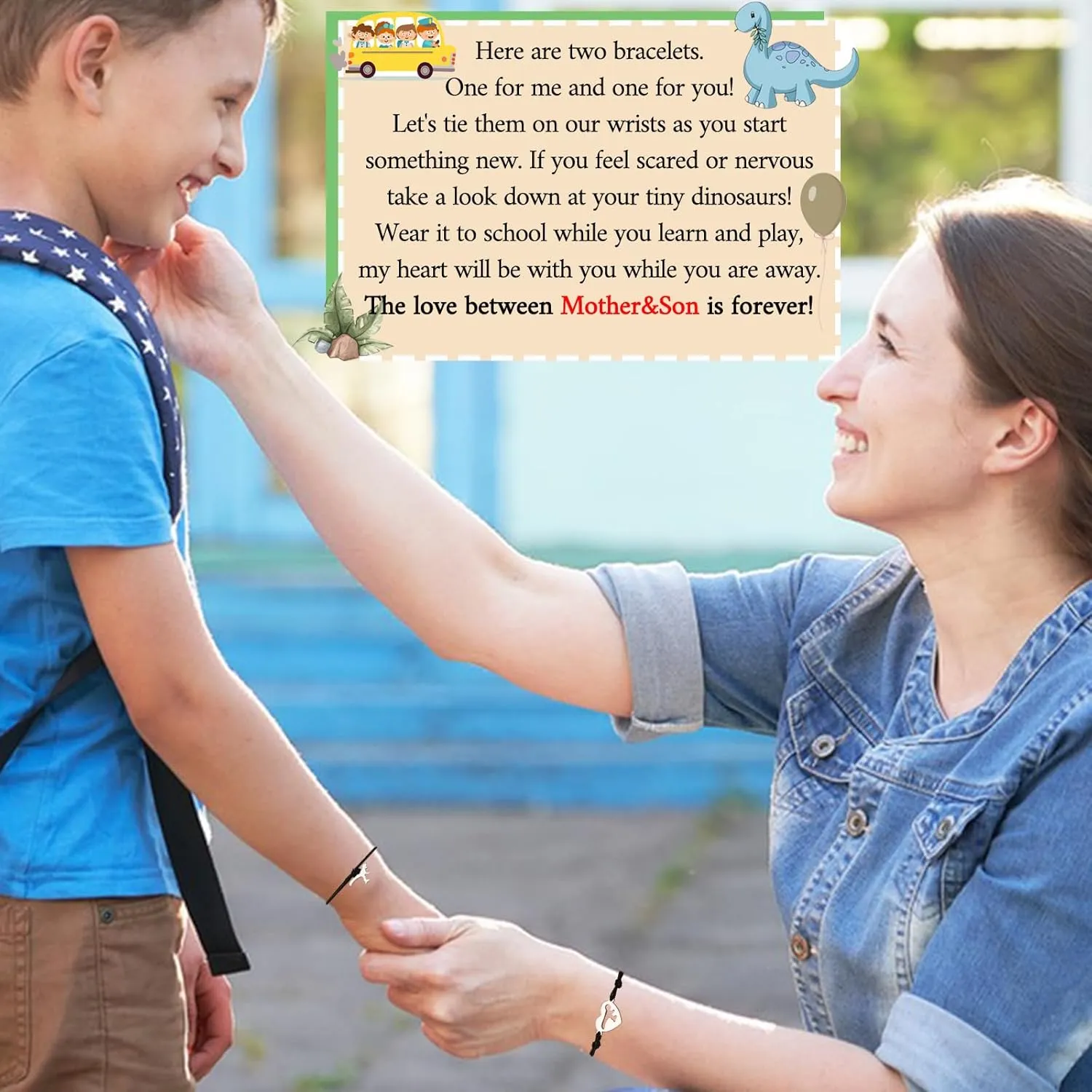 Back to School First Day of School Kindergarten Preschool 1st 2nd Grade Bracelets Gifts, Set of 2 Matching Dinosaur Bracelets for Mommy and Son with Inspirational Card