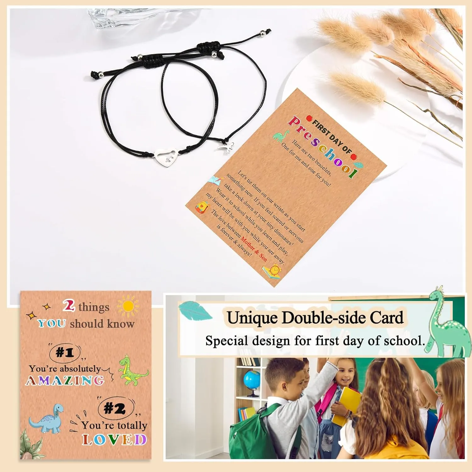 Back to School First Day of School Kindergarten Preschool 1st 2nd Grade Bracelets Gifts, Set of 2 Matching Dinosaur Bracelets for Mommy and Son with Inspirational Card