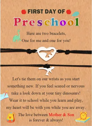 Back to School First Day of School Kindergarten Preschool 1st 2nd Grade Bracelets Gifts, Set of 2 Matching Dinosaur Bracelets for Mommy and Son with Inspirational Card