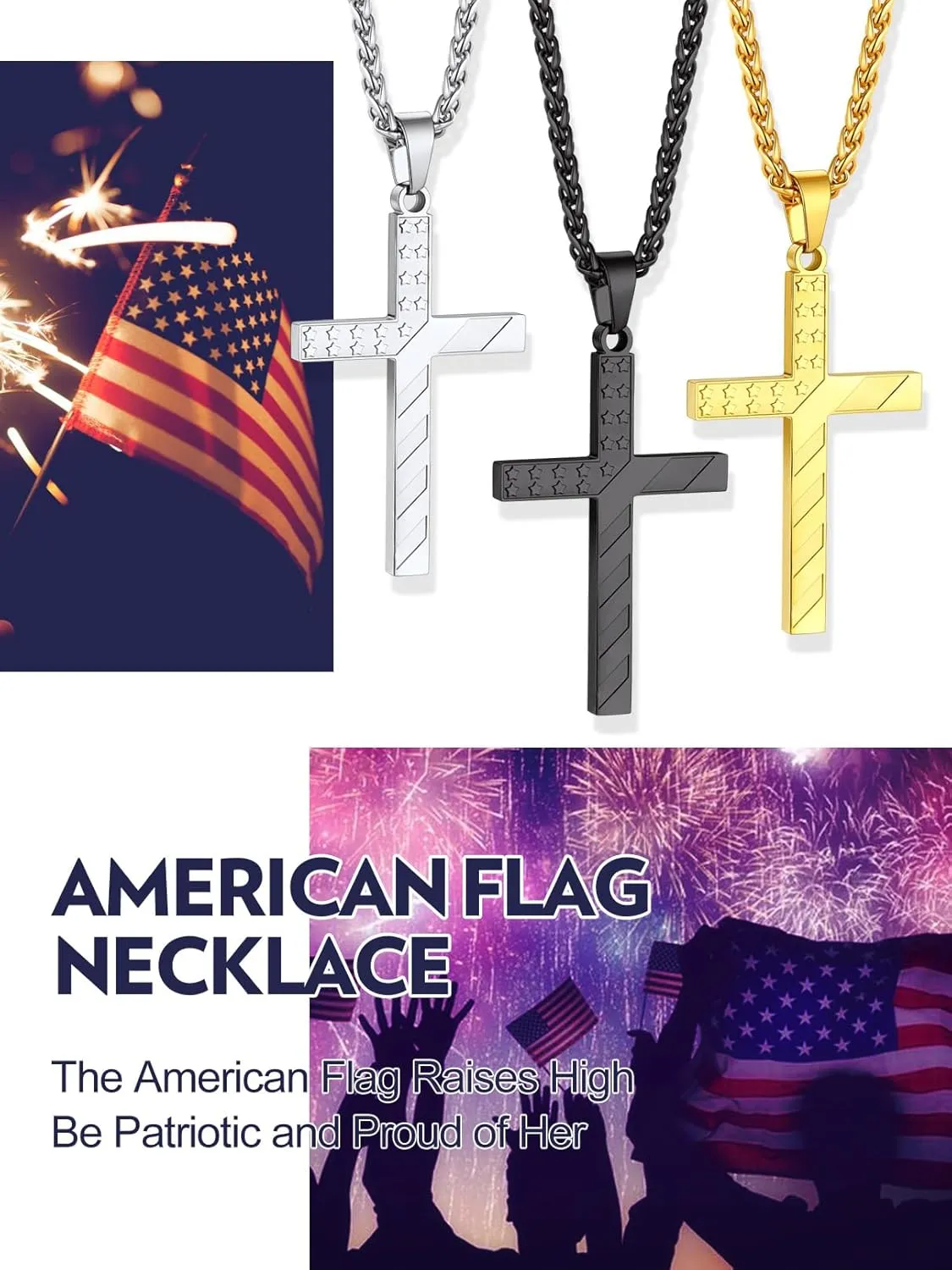 Bandmax Mens Stainless Steel Pendant Necklaces, American Flag Military Dog Tag with 22" Spiga Chain Independence Day Patriotic Jewelry for Men Women