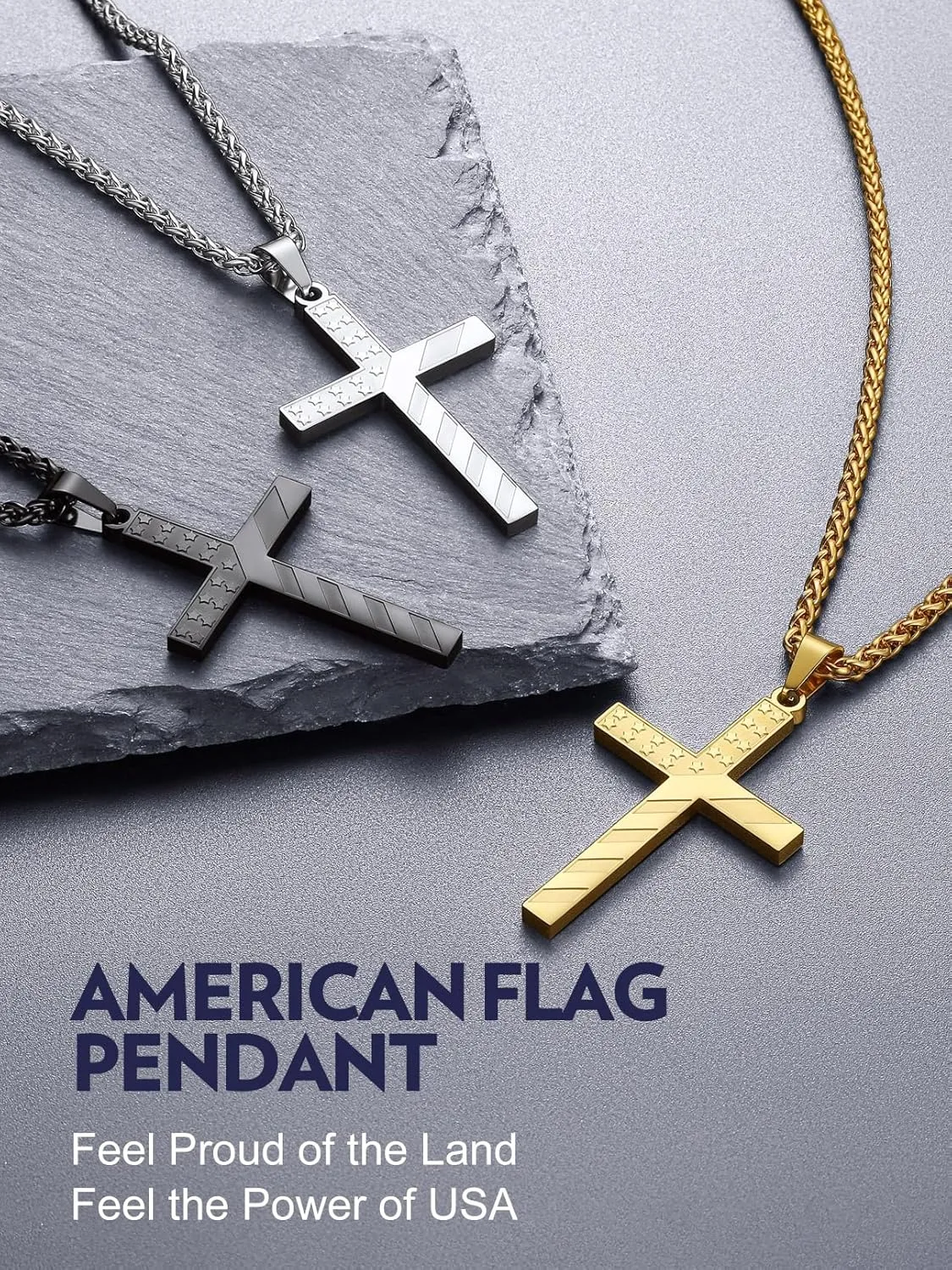 Bandmax Mens Stainless Steel Pendant Necklaces, American Flag Military Dog Tag with 22" Spiga Chain Independence Day Patriotic Jewelry for Men Women