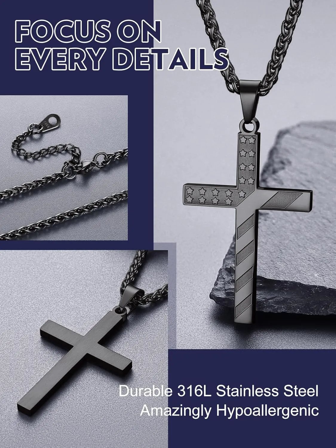 Bandmax Mens Stainless Steel Pendant Necklaces, American Flag Military Dog Tag with 22" Spiga Chain Independence Day Patriotic Jewelry for Men Women