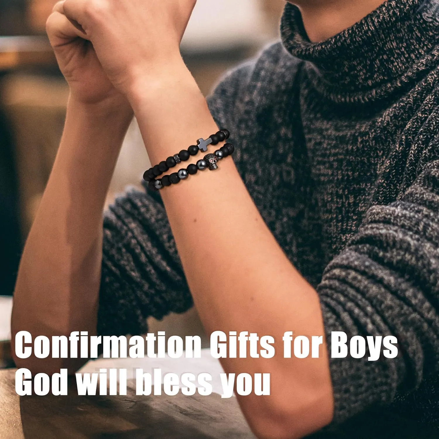 Bead Bracelet for Boys Natural Stone Cross Bracelet for Men Beaded Bracelets Cool Men Birthday Gifts Handmade Skull Bracelets Mens Christian Bracelet Gifts for Him