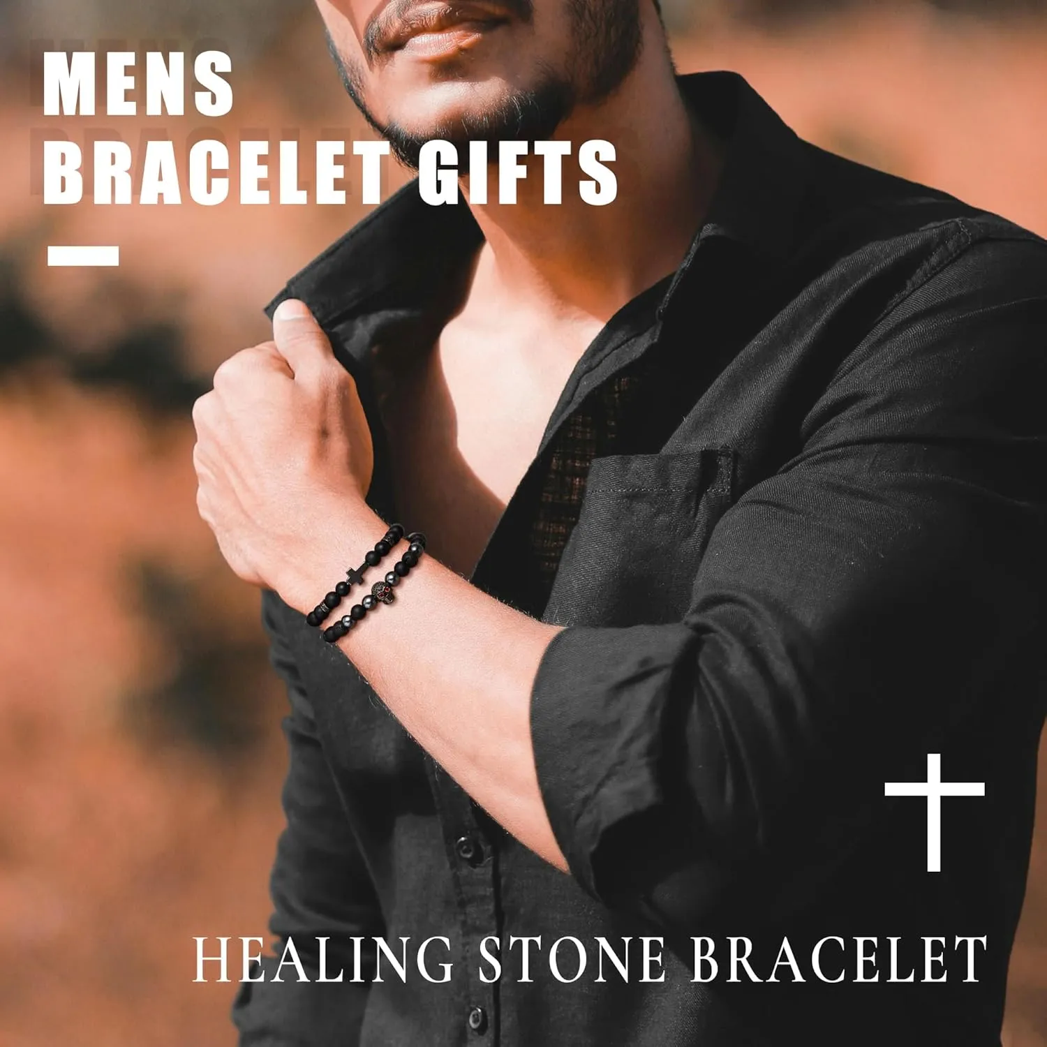 Bead Bracelet for Boys Natural Stone Cross Bracelet for Men Beaded Bracelets Cool Men Birthday Gifts Handmade Skull Bracelets Mens Christian Bracelet Gifts for Him