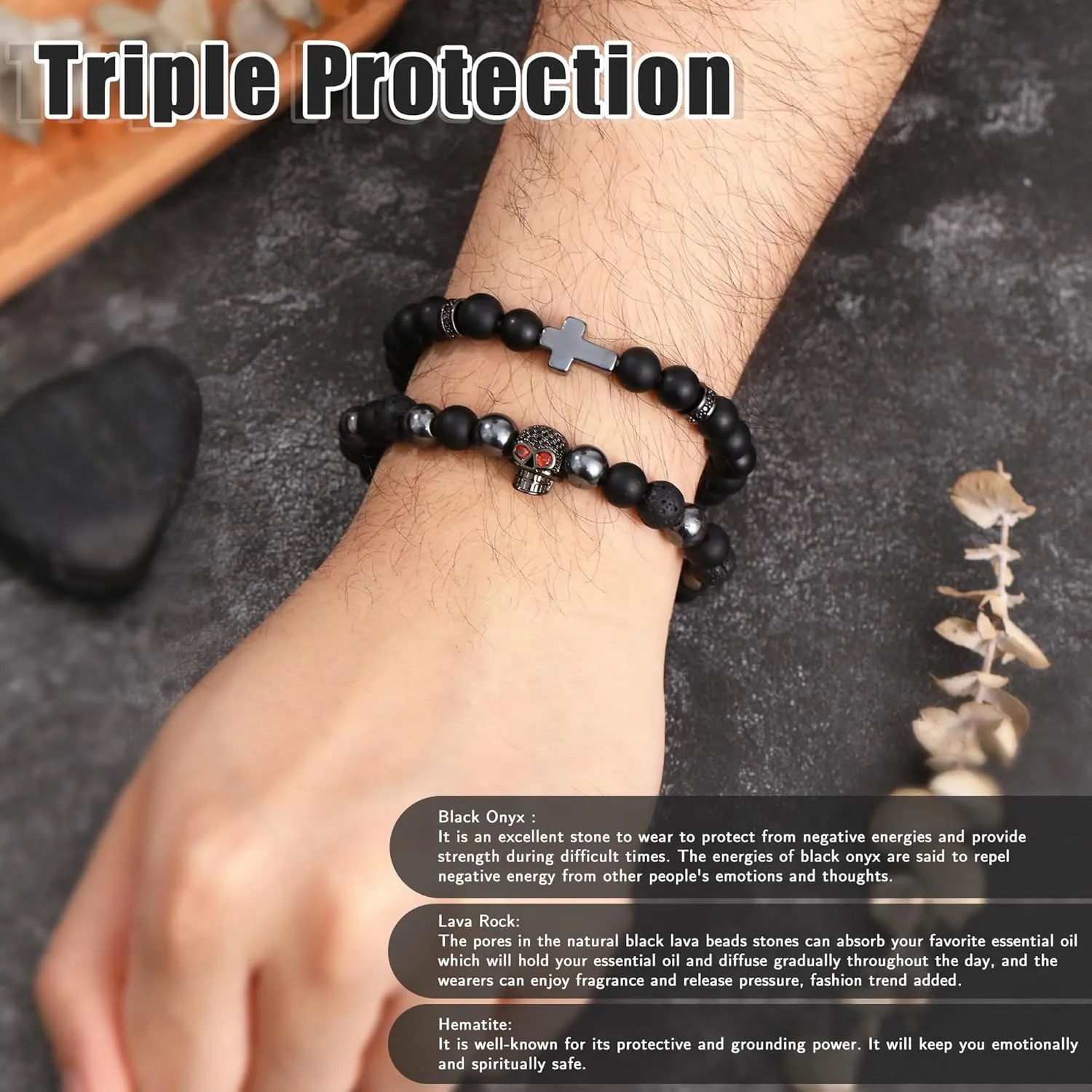 Bead Bracelet for Boys Natural Stone Cross Bracelet for Men Beaded Bracelets Cool Men Birthday Gifts Handmade Skull Bracelets Mens Christian Bracelet Gifts for Him