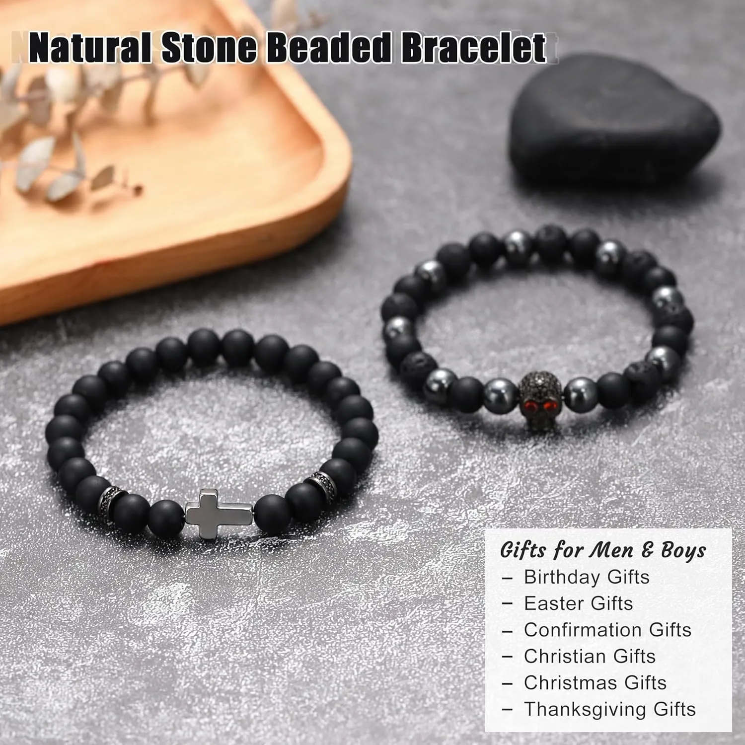 Bead Bracelet for Boys Natural Stone Cross Bracelet for Men Beaded Bracelets Cool Men Birthday Gifts Handmade Skull Bracelets Mens Christian Bracelet Gifts for Him