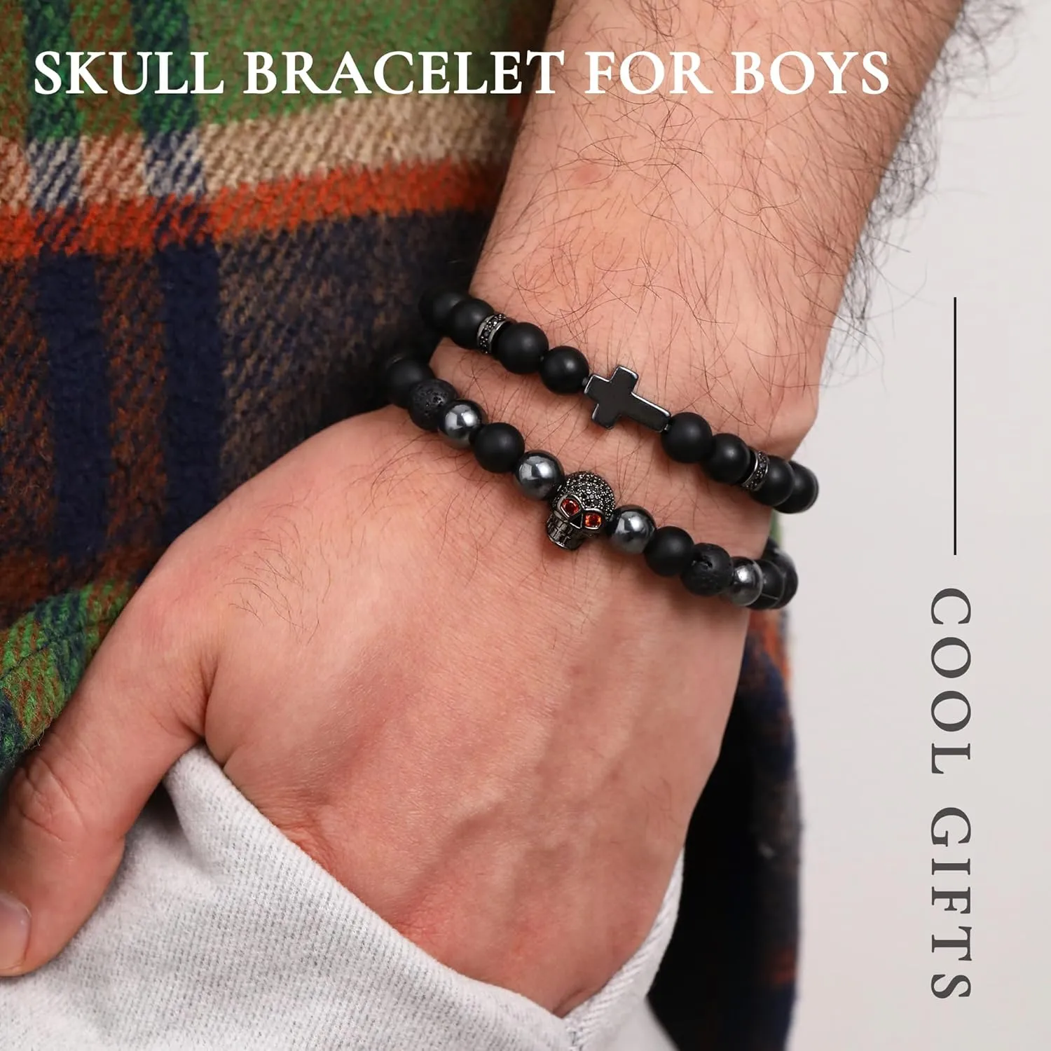 Bead Bracelet for Boys Natural Stone Cross Bracelet for Men Beaded Bracelets Cool Men Birthday Gifts Handmade Skull Bracelets Mens Christian Bracelet Gifts for Him