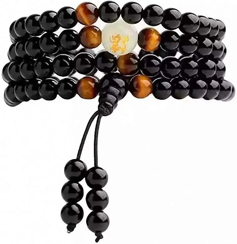 Bead Bracelets for Men and Women, Natural Obsidian Carving Dragon Bracelets Tiger Eye Mens Bracelet Gifts Buddha Rosary Stone Beads Bracelet Glow in Dark Adjustable