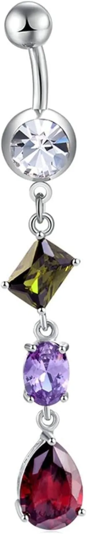 Belly Button Rings for Women, Belly Button Rings Navel Rings Surgical Steel Dangle Long Oval Colorful Cubic Zirconia Silver Navel Ring