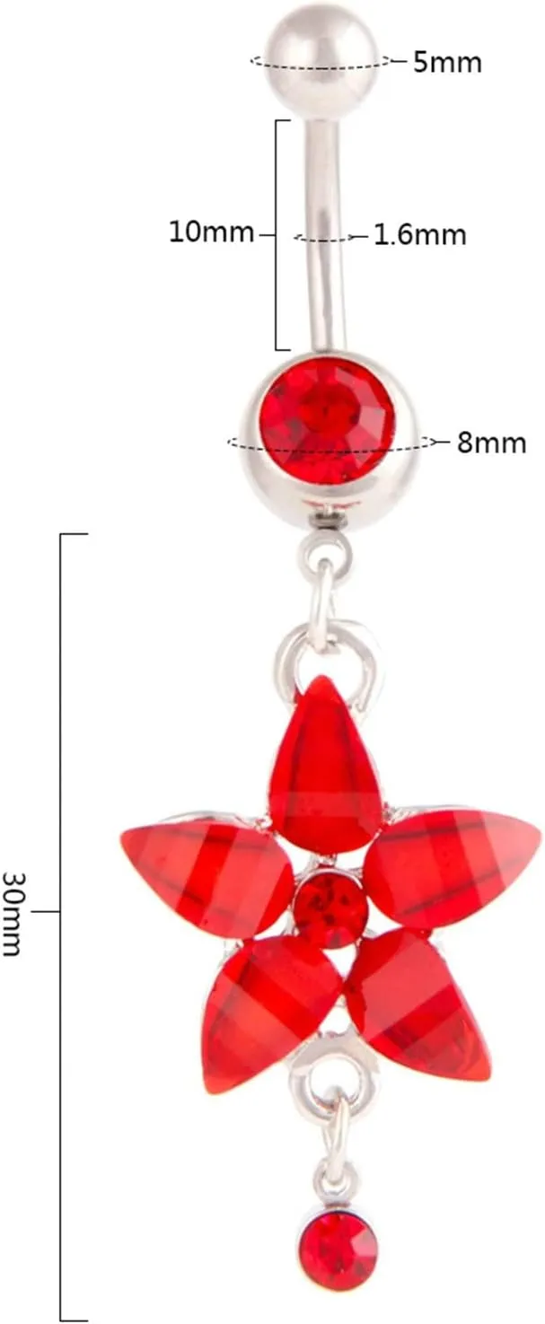 Belly Rings for Women, Belly Rings Dangle Navel Rings Surgical Steel Flower with Pink/Purple/White/Red Cubic Zirconia Belly Button Jewelry