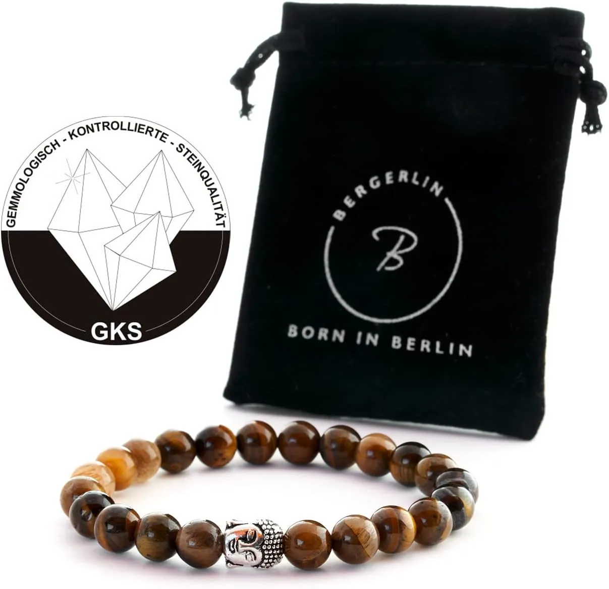 BERGERLIN - Buddha bracelet with genuine 8mm natural stone and lava stone pearls - Real natural stone bracelet - Certified Quality