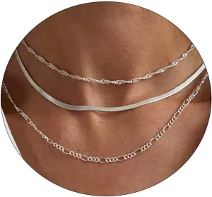 BERISO Layered Necklaces for Women,14K Gold/Silver Plated Dainty Choker Necklace Trendy Simple Paperclip Chain Figaro Rope Necklace Cuba Gold Jewelry for Women