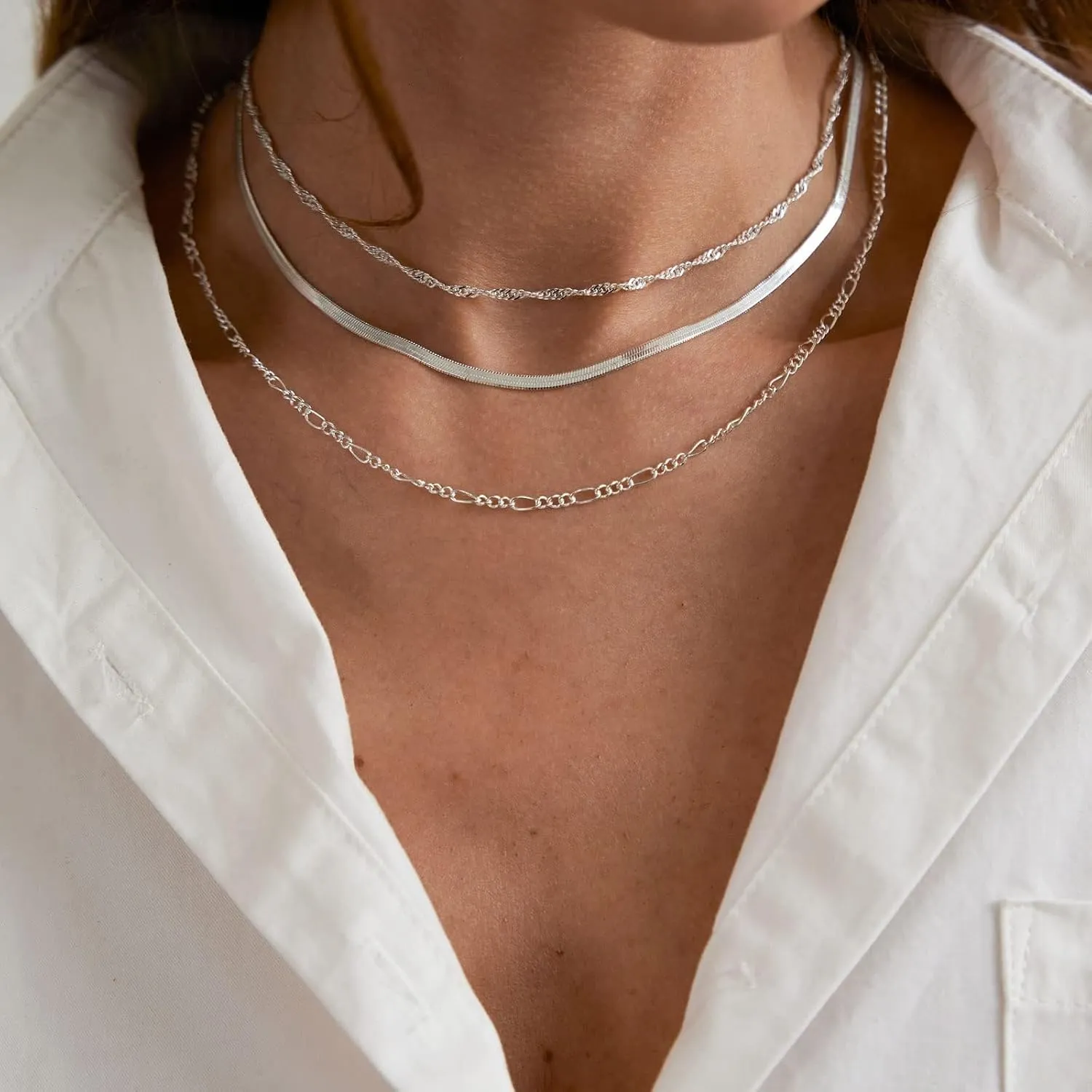 BERISO Layered Necklaces for Women,14K Gold/Silver Plated Dainty Choker Necklace Trendy Simple Paperclip Chain Figaro Rope Necklace Cuba Gold Jewelry for Women