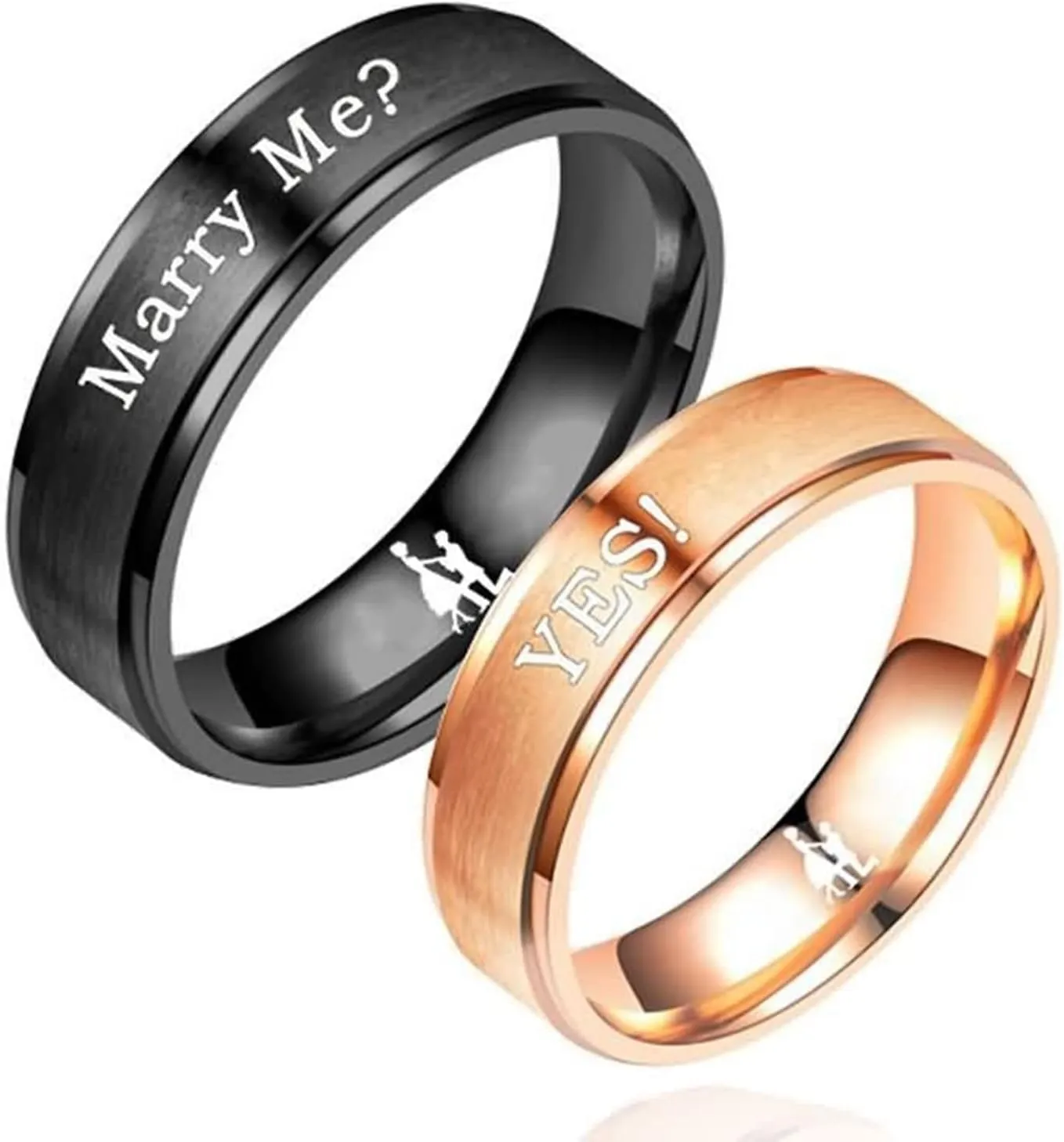 Best Friend Rings, Rose Gold Wedding Bands for Women Black Rings Men Stainless Steel Engraved Couple Marry Me? and Yes!