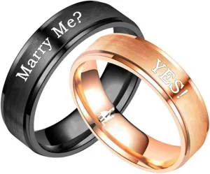 Best Friend Rings, Rose Gold Wedding Bands for Women Black Rings Men Stainless Steel Engraved Couple Marry Me? and Yes!