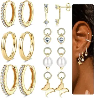Besteel Small Gold Hoop Earrings for Women  Hypoallergenic 14K Gold Plated Hoops Cartilage Earring Sets for Multiple Piercing Dainty Silver Huggie Stud Earring Stacks with Charm