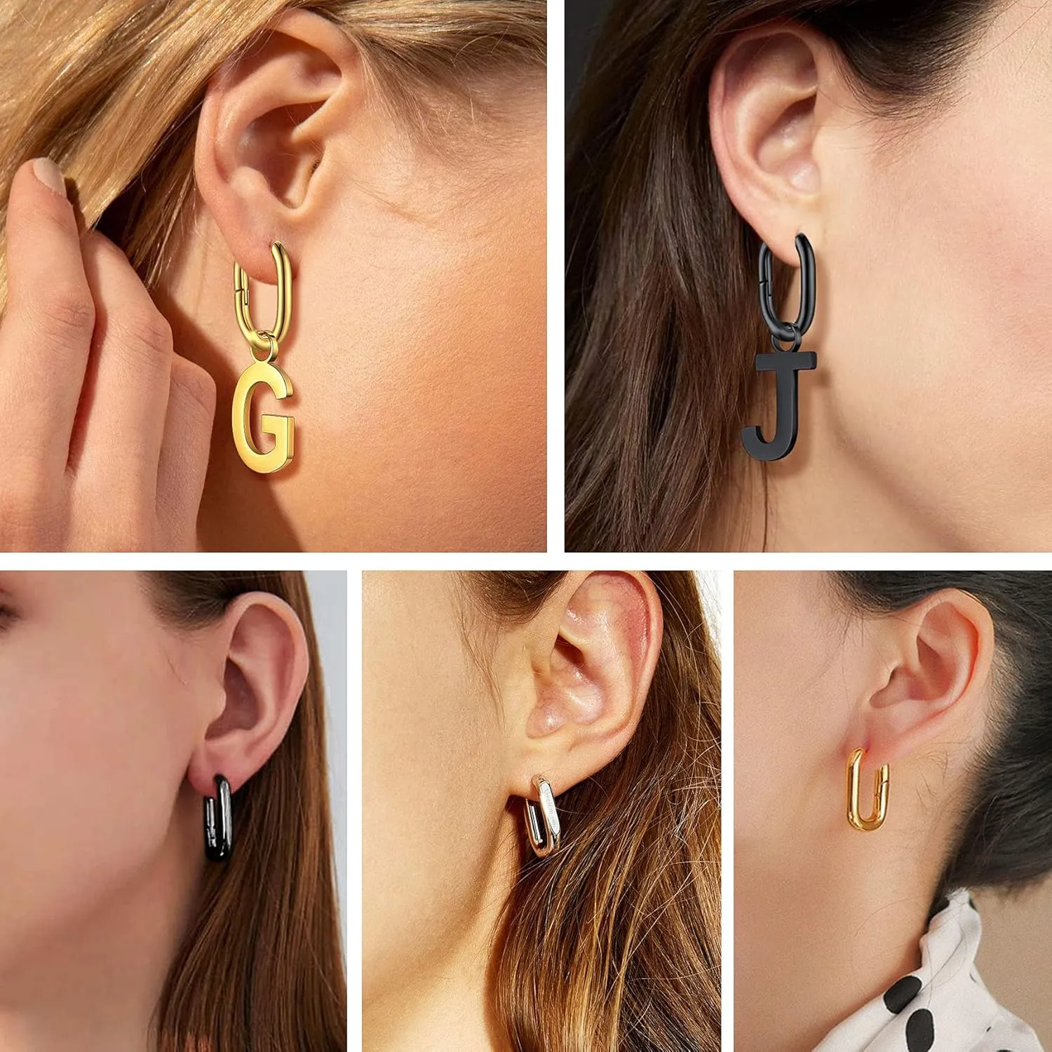 Bestyle Hypoallergenic Initial Dangle Earrings for Women, Chunky U-shape Huggie Hoops with 26 Letters, Stainless Steel in Silver/Gold/Black Tone, High Street Monogram Jewelry for Women