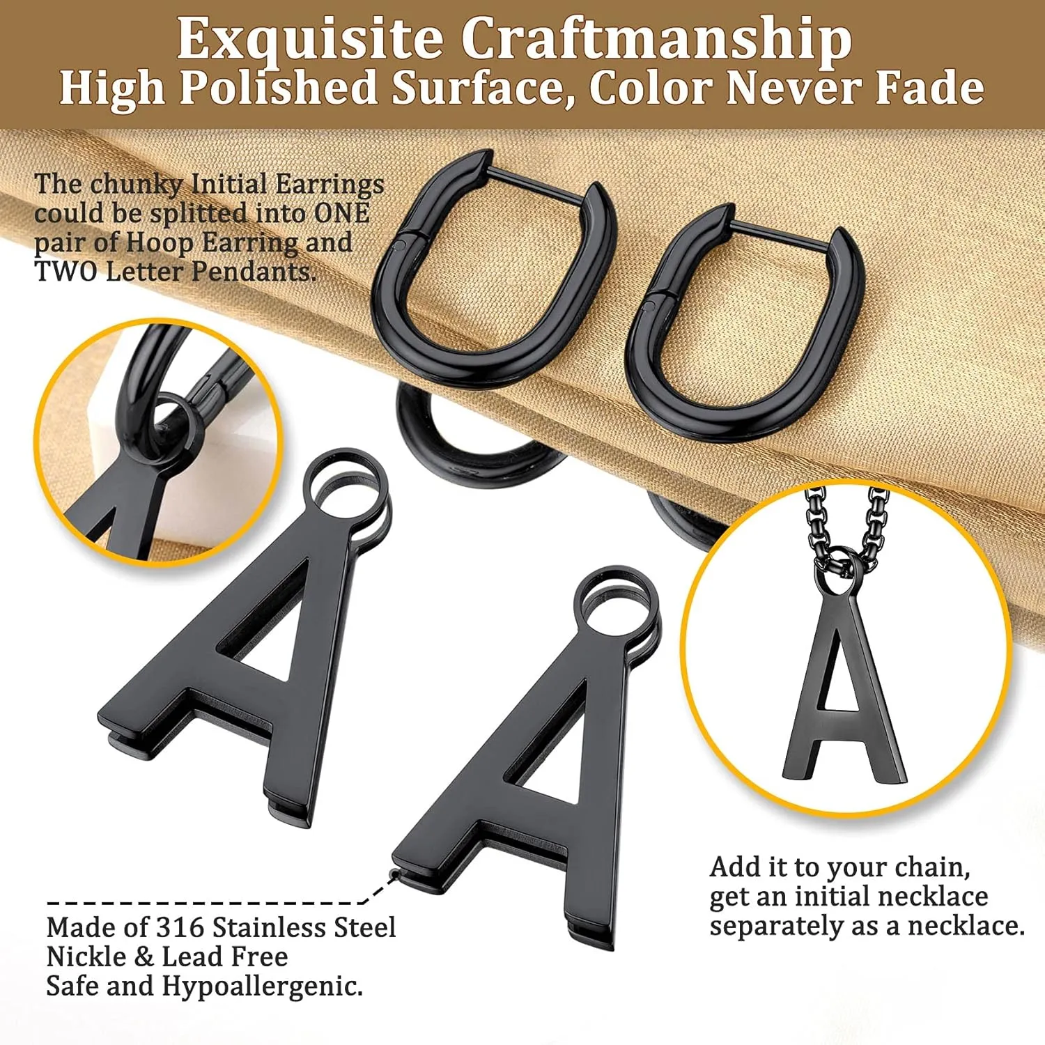 Bestyle Hypoallergenic Initial Dangle Earrings for Women, Chunky U-shape Huggie Hoops with 26 Letters, Stainless Steel in Silver/Gold/Black Tone, High Street Monogram Jewelry for Women