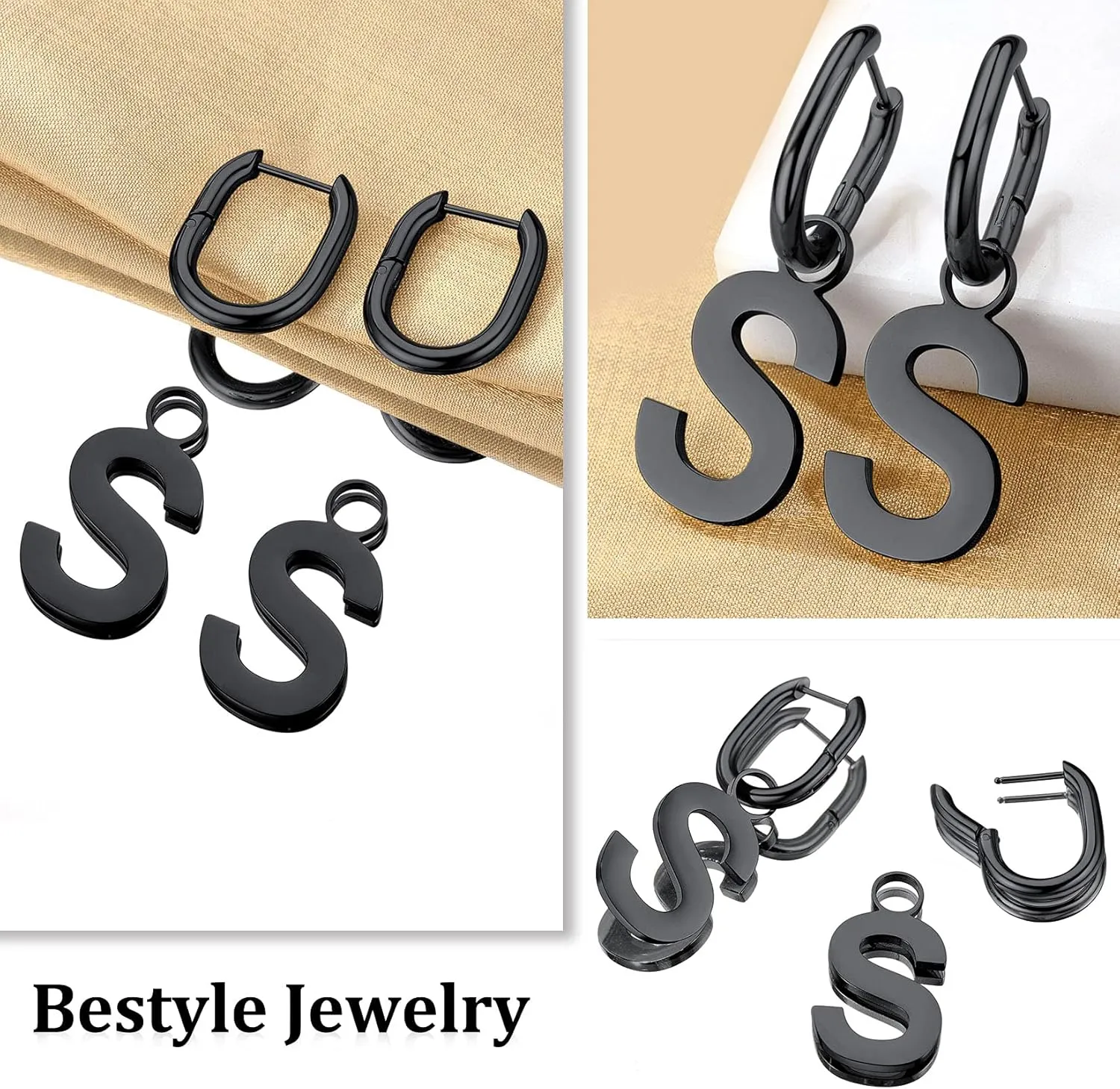 Bestyle Hypoallergenic Initial Dangle Earrings for Women, Chunky U-shape Huggie Hoops with 26 Letters, Stainless Steel in Silver/Gold/Black Tone, High Street Monogram Jewelry for Women