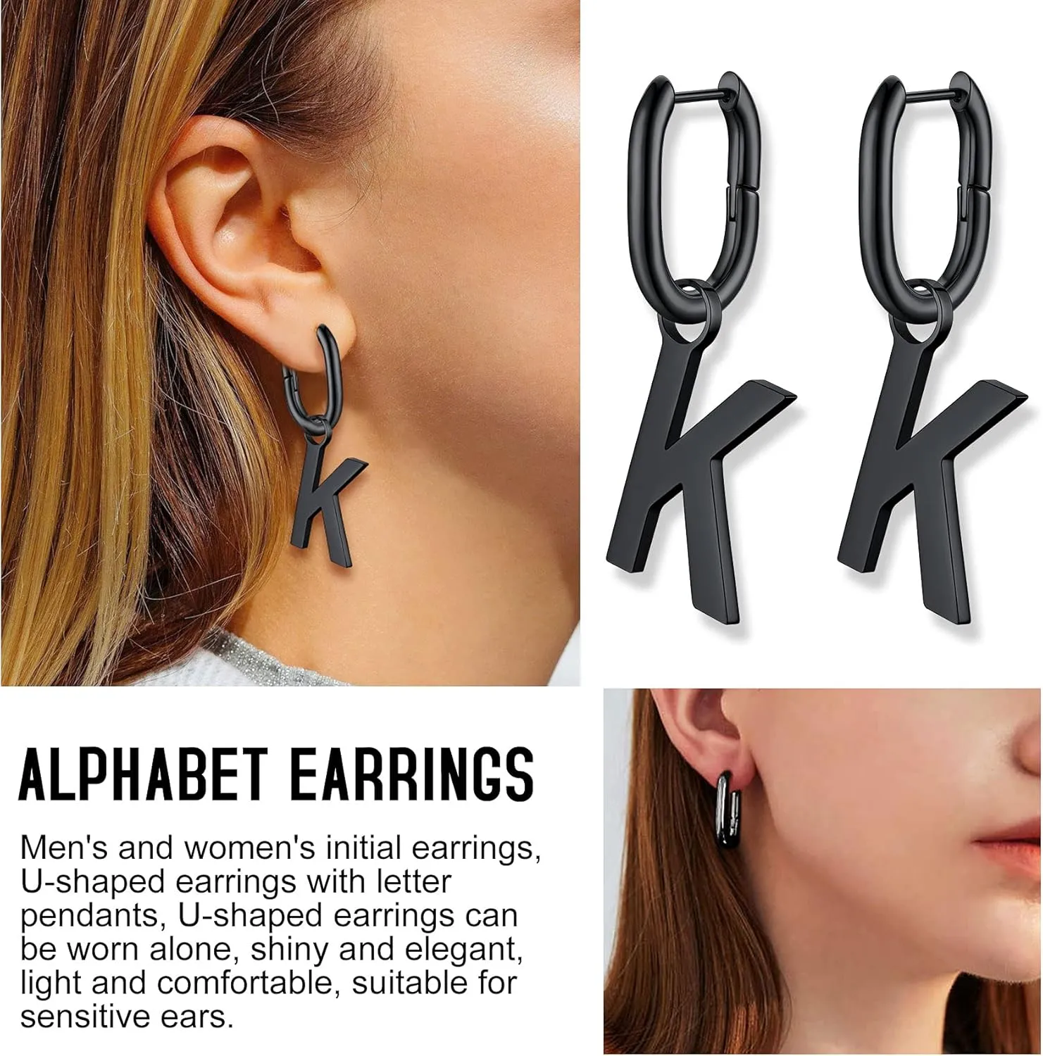 Bestyle Hypoallergenic Initial Dangle Earrings for Women, Chunky U-shape Huggie Hoops with 26 Letters, Stainless Steel in Silver/Gold/Black Tone, High Street Monogram Jewelry for Women