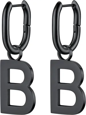 Bestyle Hypoallergenic Initial Dangle Earrings for Women, Chunky U-shape Huggie Hoops with 26 Letters, Stainless Steel in Silver/Gold/Black Tone, High Street Monogram Jewelry for Women