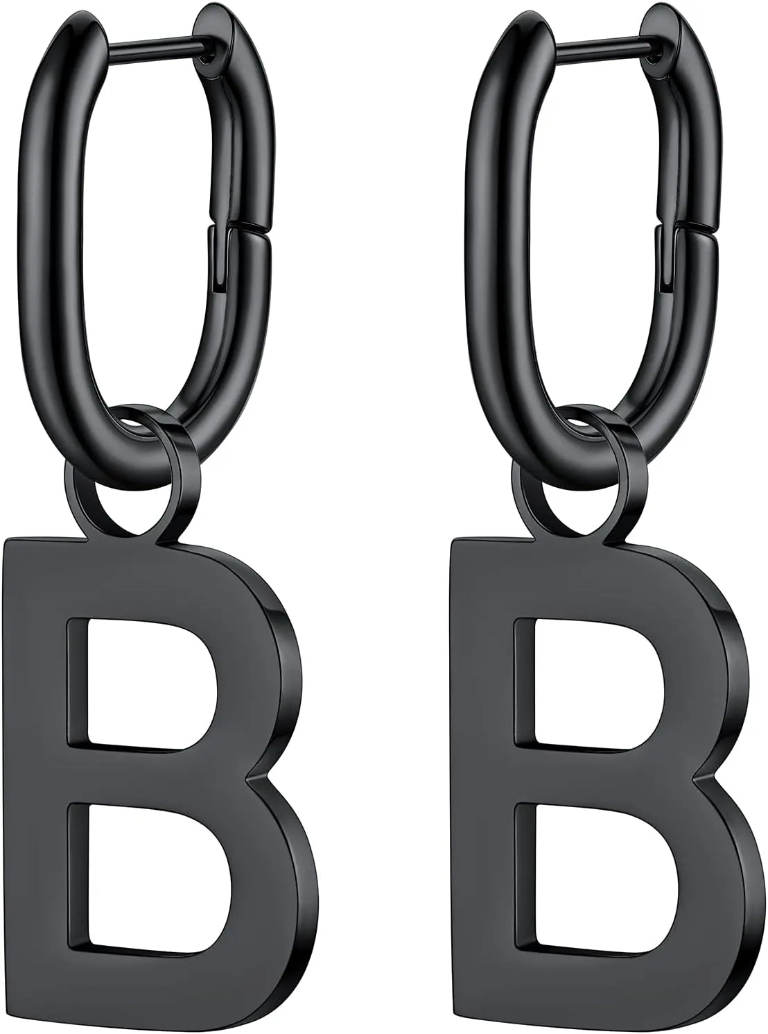 Bestyle Hypoallergenic Initial Dangle Earrings for Women, Chunky U-shape Huggie Hoops with 26 Letters, Stainless Steel in Silver/Gold/Black Tone, High Street Monogram Jewelry for Women