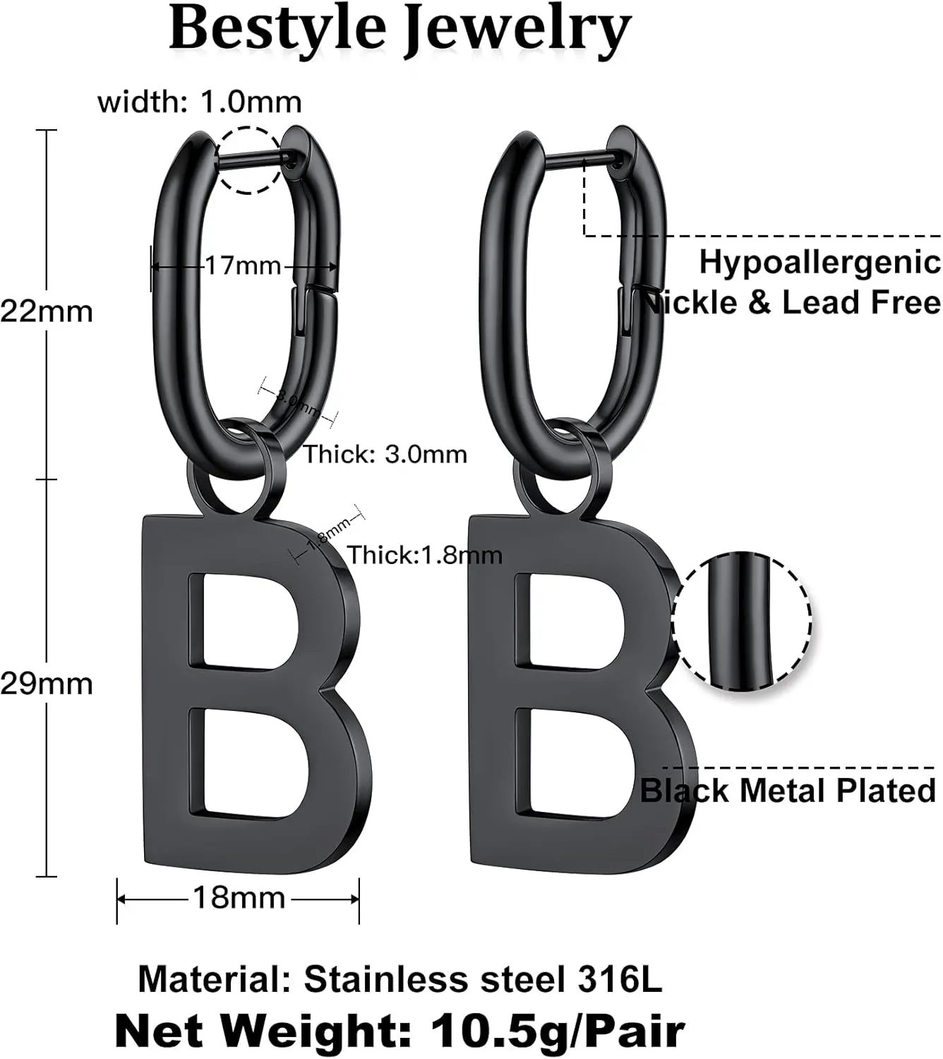 Bestyle Hypoallergenic Initial Dangle Earrings for Women, Chunky U-shape Huggie Hoops with 26 Letters, Stainless Steel in Silver/Gold/Black Tone, High Street Monogram Jewelry for Women