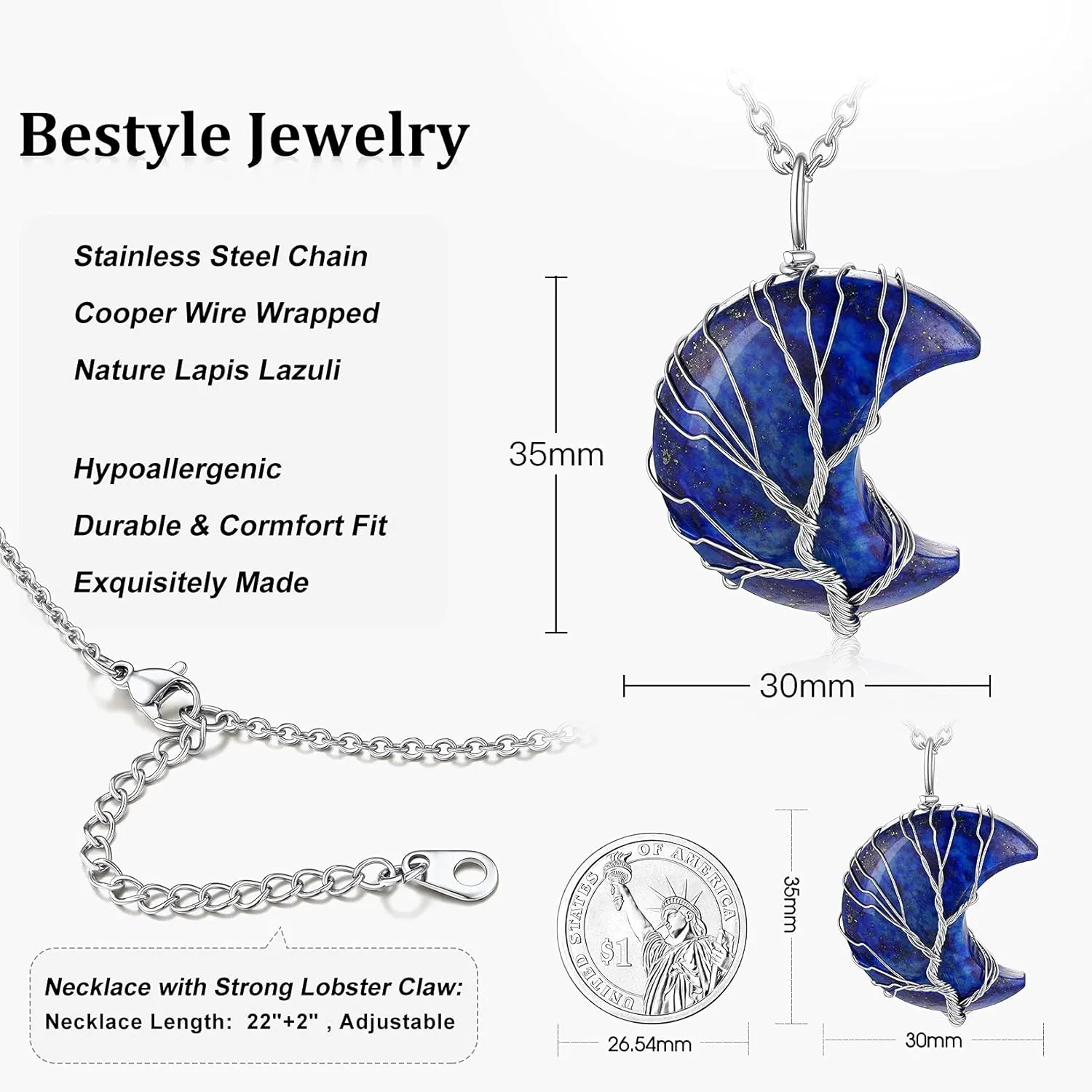 Bestyle Tree of Life Wrapped Healing Crystal Necklaces 12 Month Birthstone Pendant for Women, Crescent/Heart Gemstone Jewelry, Vintage Birthday Gifts/Energy Gift