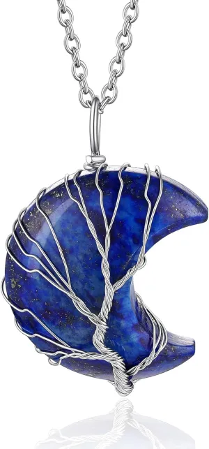 Bestyle Tree of Life Wrapped Healing Crystal Necklaces 12 Month Birthstone Pendant for Women, Crescent/Heart Gemstone Jewelry, Vintage Birthday Gifts/Energy Gift