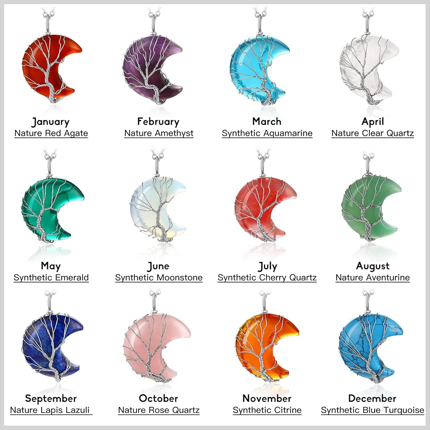 Bestyle Tree of Life Wrapped Healing Crystal Necklaces 12 Month Birthstone Pendant for Women, Crescent/Heart Gemstone Jewelry, Vintage Birthday Gifts/Energy Gift
