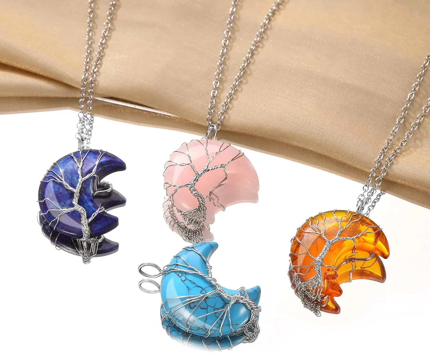 Bestyle Tree of Life Wrapped Healing Crystal Necklaces 12 Month Birthstone Pendant for Women, Crescent/Heart Gemstone Jewelry, Vintage Birthday Gifts/Energy Gift