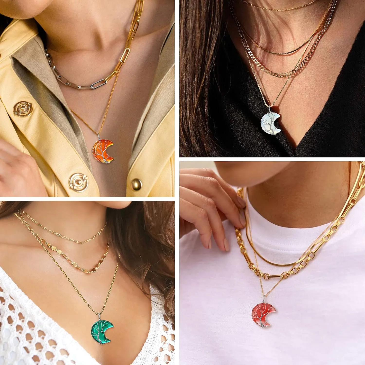 Bestyle Tree of Life Wrapped Healing Crystal Necklaces 12 Month Birthstone Pendant for Women, Crescent/Heart Gemstone Jewelry, Vintage Birthday Gifts/Energy Gift