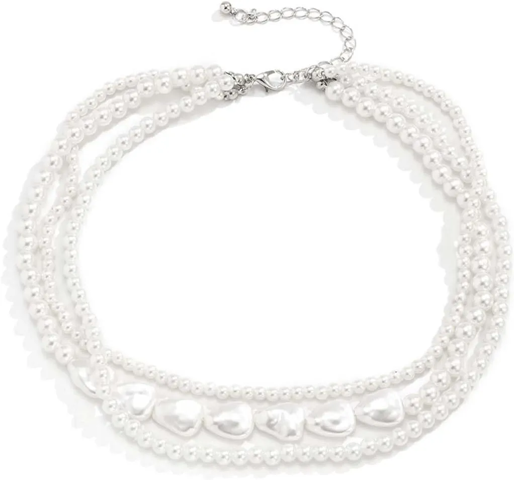 Big Chunky Imitation Pearl Choker Necklace Vintage Layered Faux Big Pearl Necklace Exaggerated Large Pearl Necklaces for Women Bride Costume Wedding Jewelry Gifts