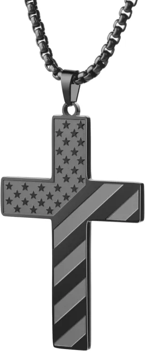Black Cross Necklace for Men Stainless Steel 18K Gold Silver Plated American Flag Pendant Bible Verse Cross Necklaces Jewelry Gifts 18"-24"