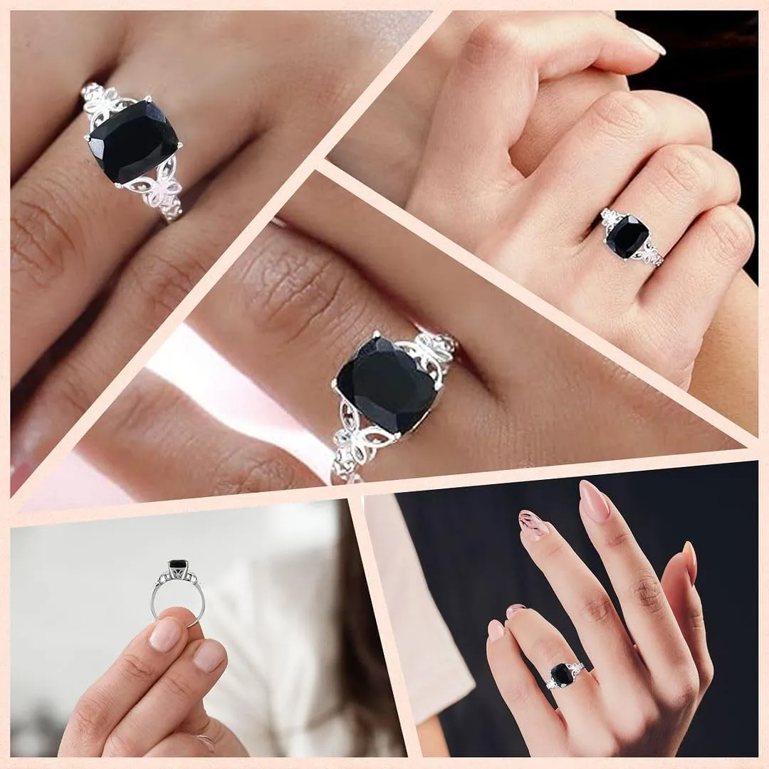 Black Tourmaline Ring in 925 Sterling Silver - October Birthstone Rings for Women - Engagement Promise Floral Statement Vintage Solitaire Tourmaline Jewelry Birthday Gifts